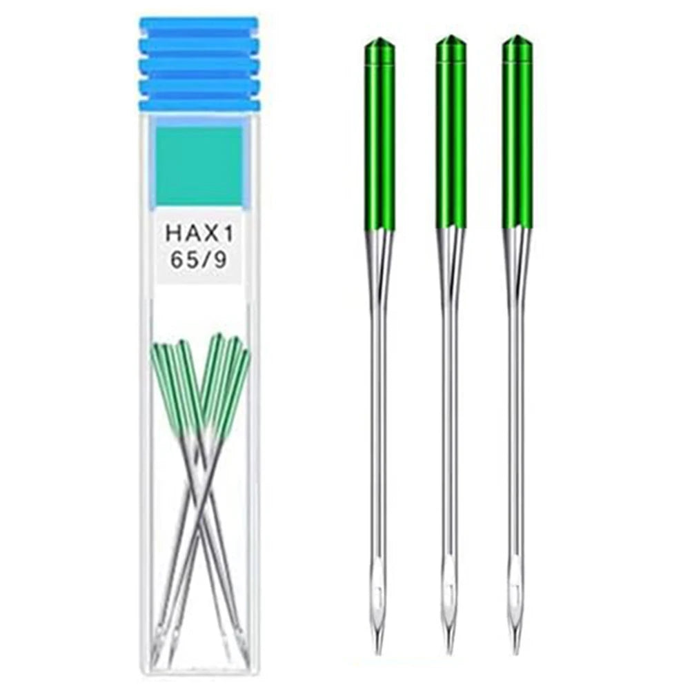 A package of six anti-jump sewing machine needles for stretch fabric, packaged in a clear plastic container.