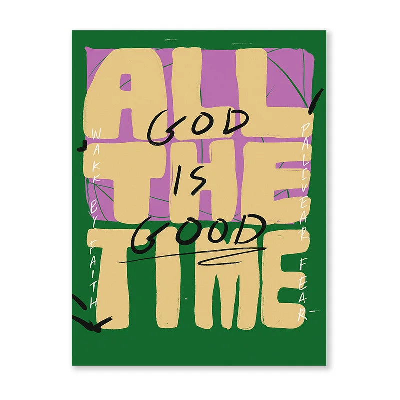 Retro Christian wall art featuring the text ALL GOD IS GOOD THE TIME in yellow script on a purple background.