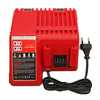 Red Li-ion battery charger unit with input and output specifications for N14 and N18 batteries