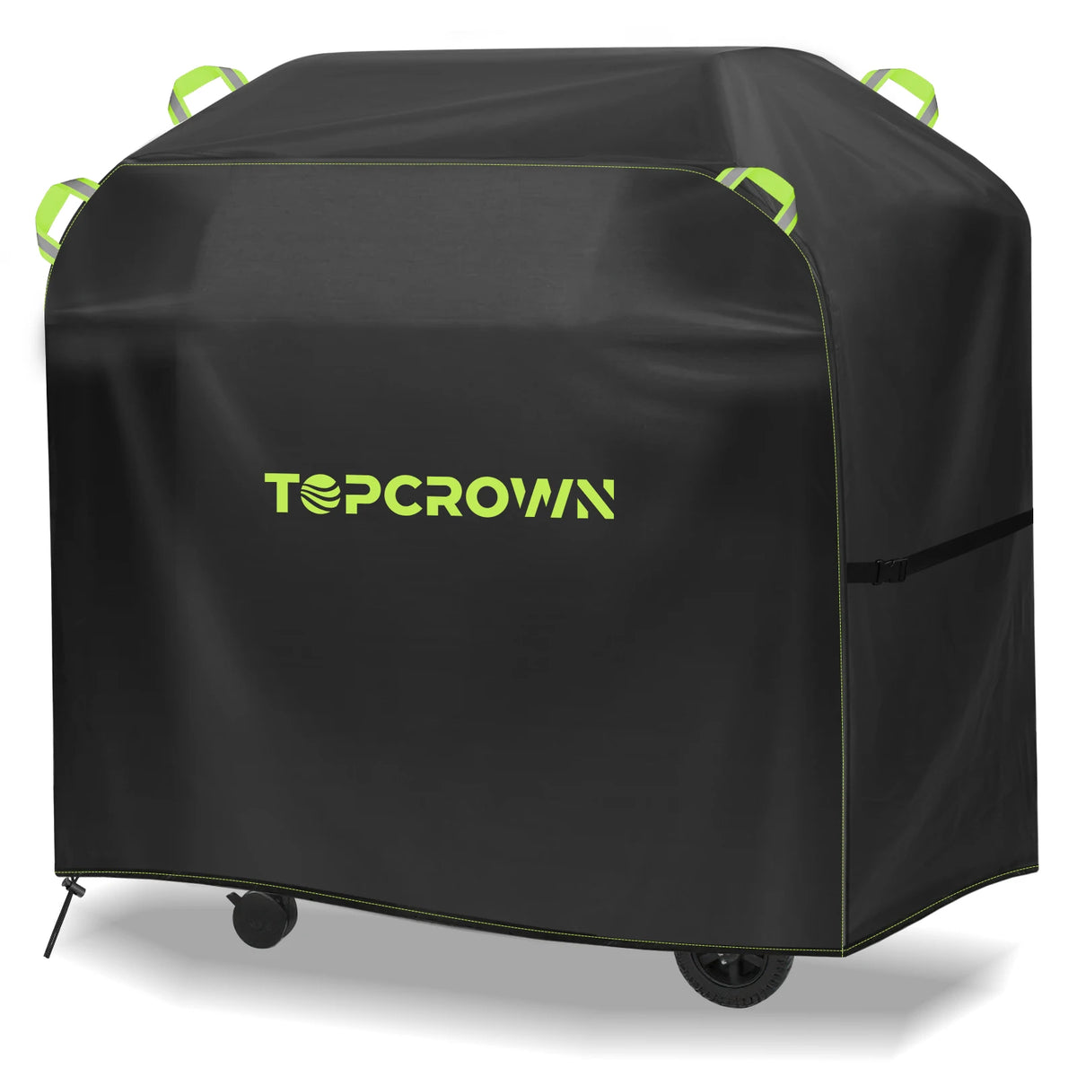 A black waterproof BBQ grill cover with lime green reflective strips, shown from the side.