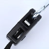 Black camping tent rope tensioner with a silver ratchet pulley hook and black cord.