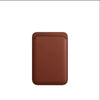 A brown leather wallet case designed for MagSafe compatibility.