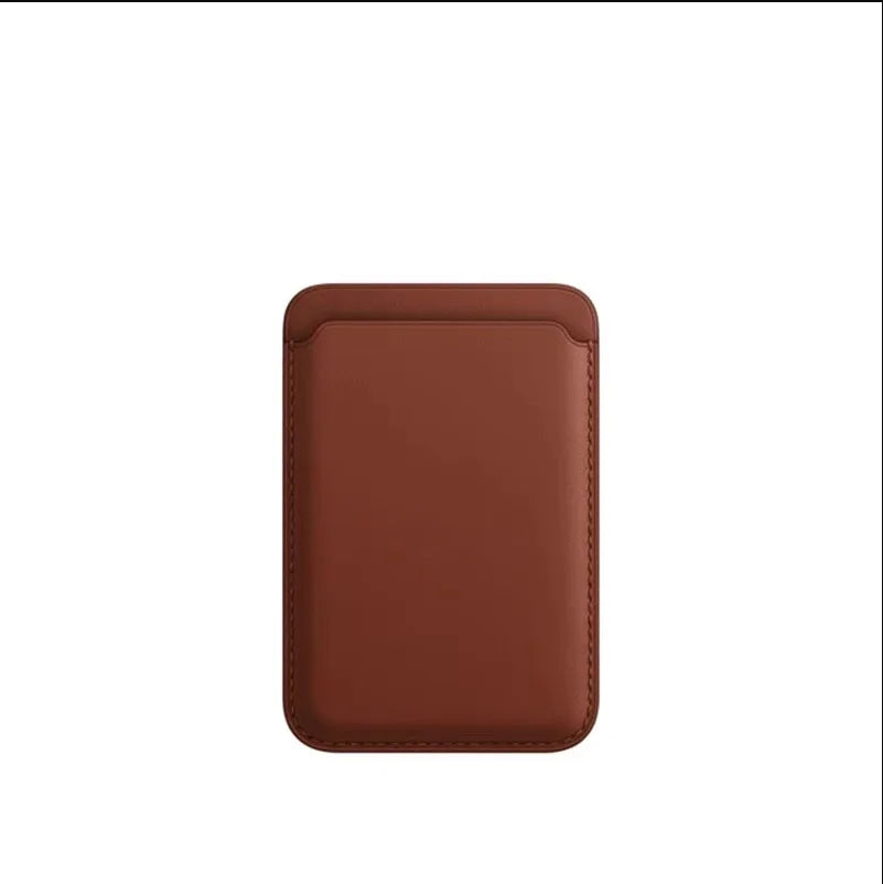 A brown leather wallet case designed for MagSafe compatibility.