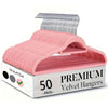 A box of pink velvet hangers with silver swivel hooks is shown on a white background.