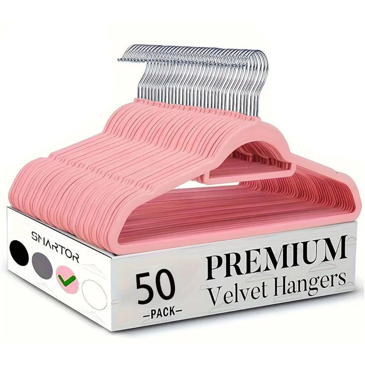 A box of pink velvet hangers with silver swivel hooks is shown on a white background.