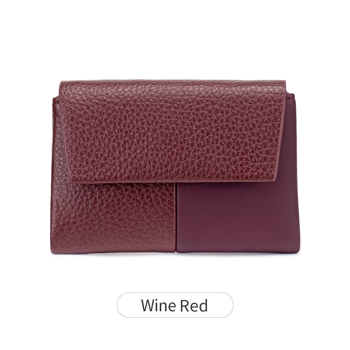 A deep wine red RFID-blocking tri-fold wallet with a textured leather finish.