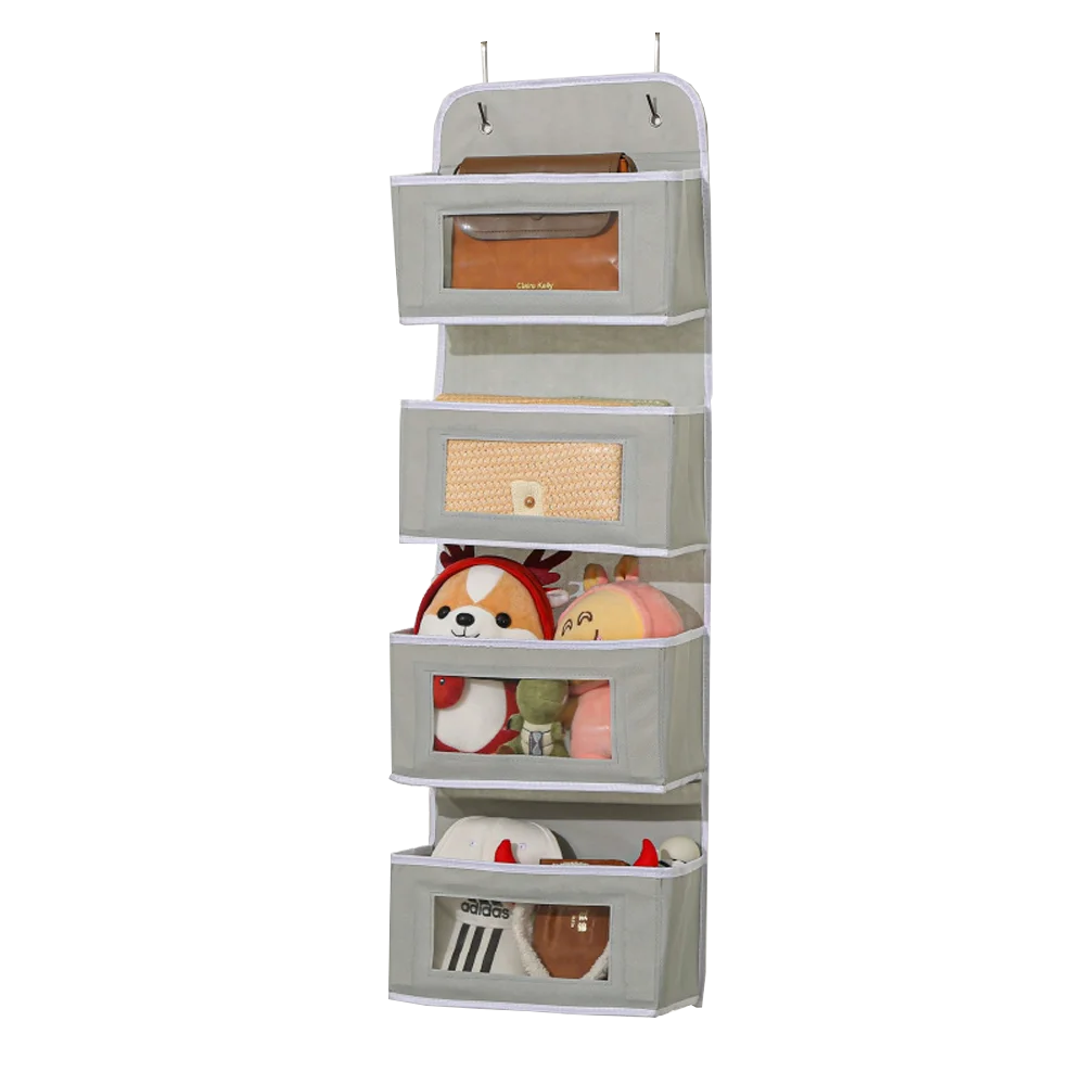 A vertical organizer rack with multiple compartments for hanging various items like wallets and small accessories.