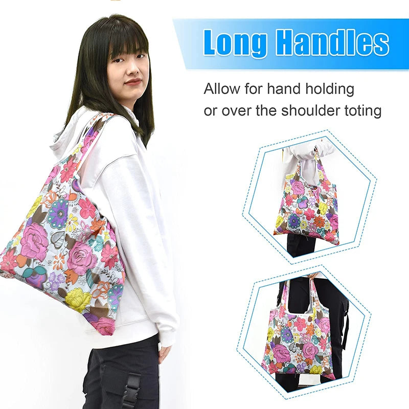 A woman is holding a colorful reusable shopping tote with long handles, demonstrating its use for hand or shoulder carrying.