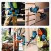 A collection of images showing various applications and usage of a cordless power tool, including drilling wood and cutting l