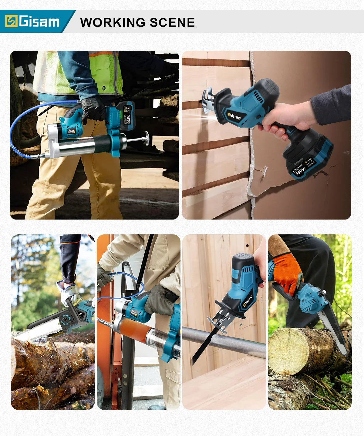 A collection of images showing various applications and usage of a cordless power tool, including drilling wood and cutting l