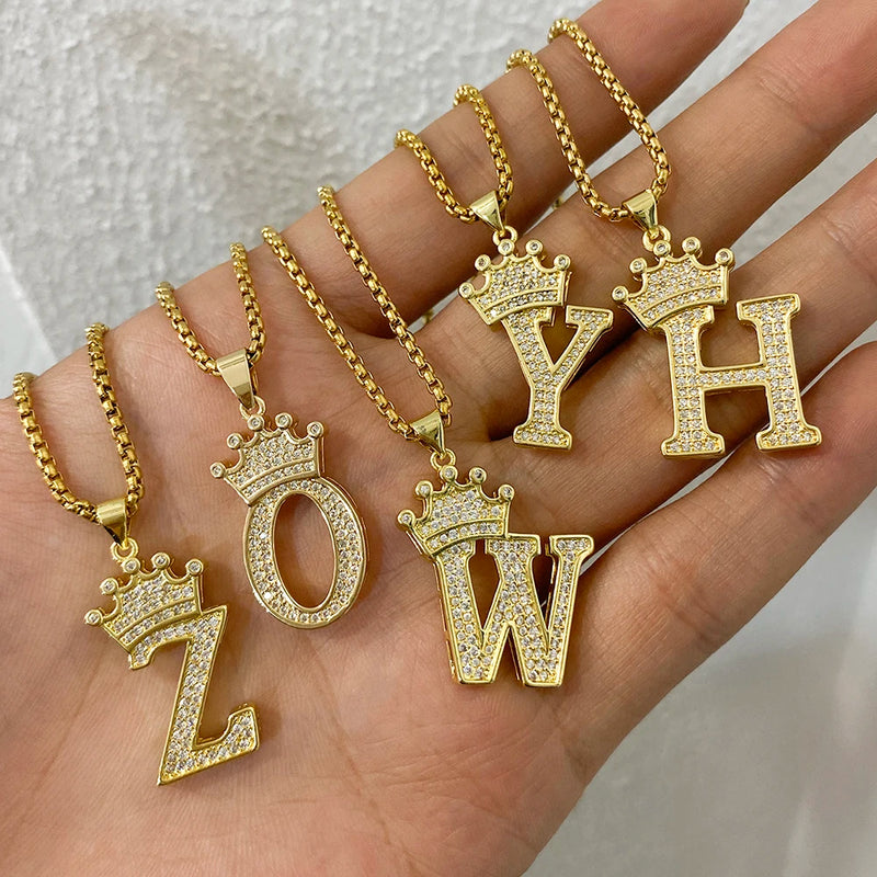 Crown Letter Pendant Necklace