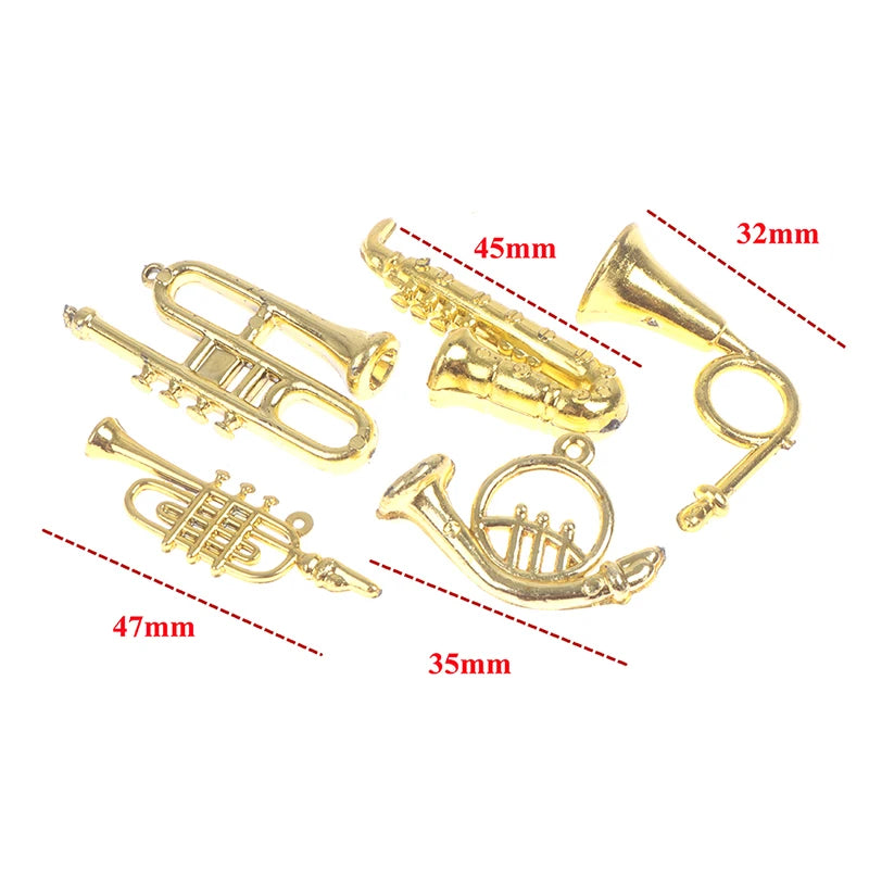 A collection of brass musical instruments, including a trumpet, flute, and other wind instruments, displayed against a white 