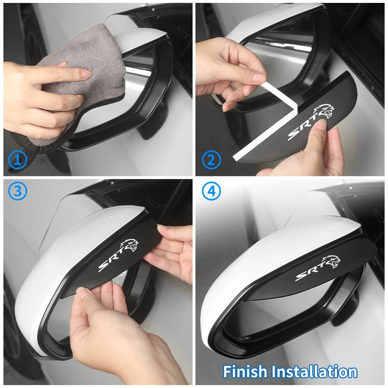 Installation steps showing the finish installation of an SRT rain guard for a car side mirror.