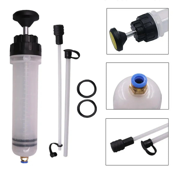 A set of manual brake fluid and oil extractor pump components including a pump, tubes, and a fluid container.