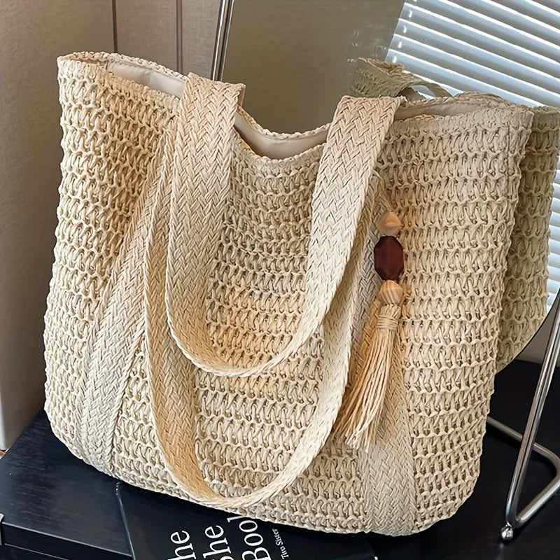 Natural Straw Woven Tote Bag with Tassel