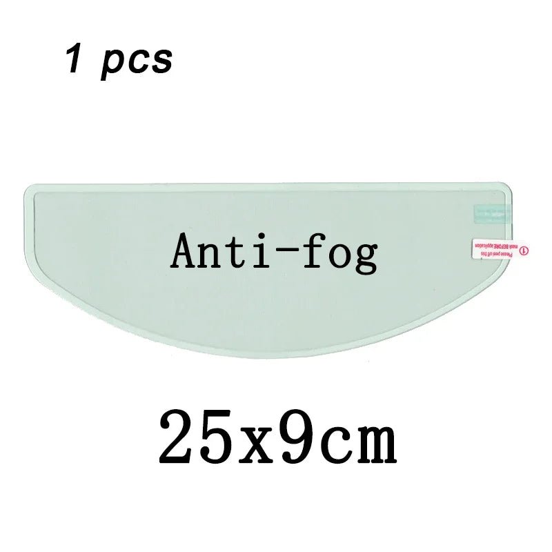 A rectangular anti-fog and rain shield film for motorcycle helmets, measuring 25x9cm.