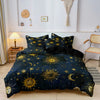 A dark blue duvet cover set featuring a celestial design of suns, moons, and stars.