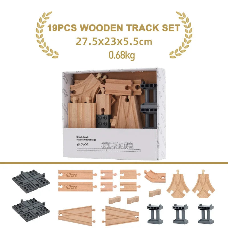 A set of 19 pieces of wooden train track for building models and trains.