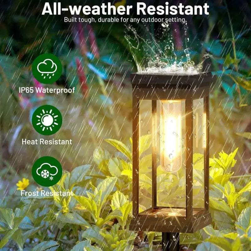 An outdoor path light fixture is shown being rained on, highlighting its IP65 waterproof and heat resistant features.