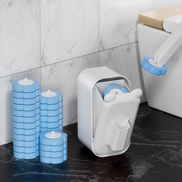 A set of blue wall-mounted disposable toilet brushes with replaceable heads resting on a black surface.