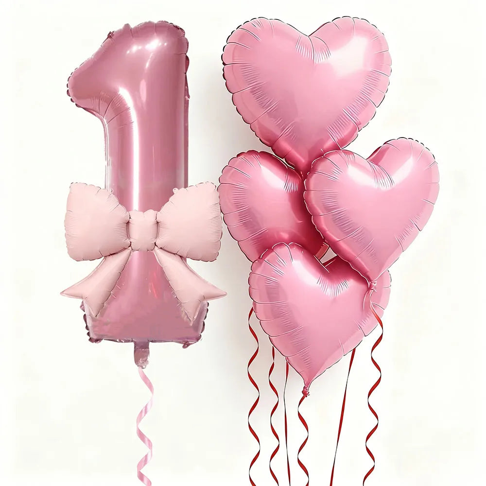 Pink Bow Heart and Number Foil Balloon Set for Celebrations