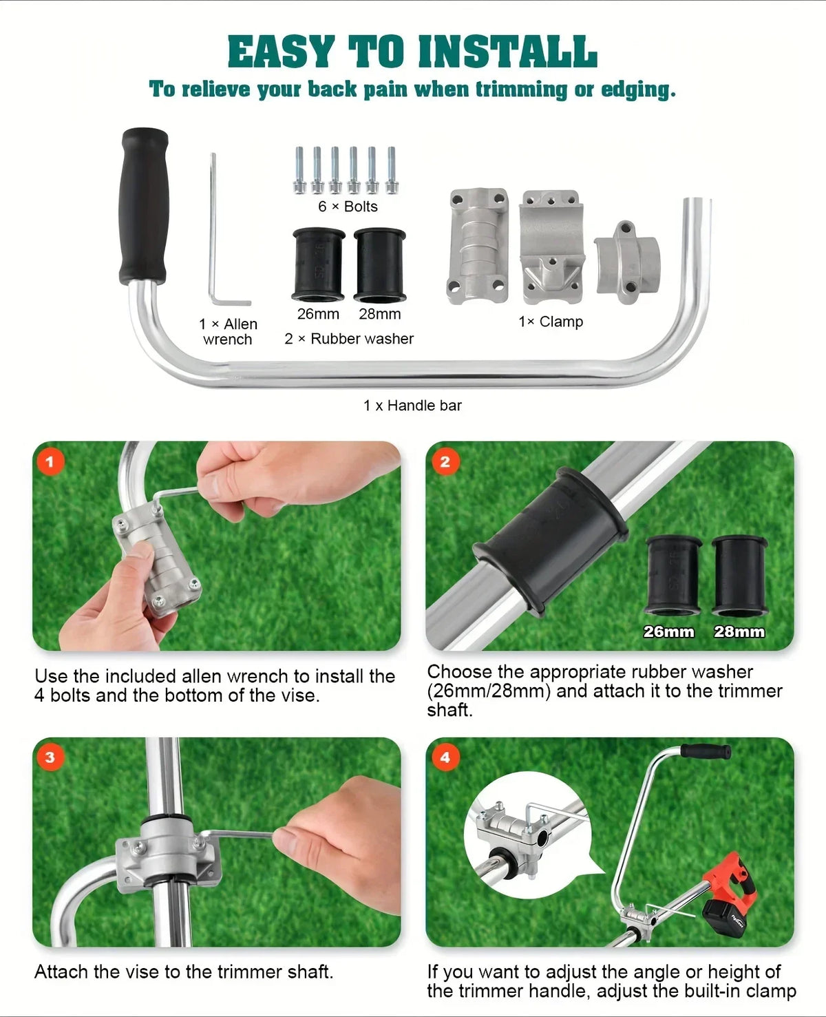 Instructions show how to install an ergonomic trimmer handle using bolts, a rubber washer, and a clamp.