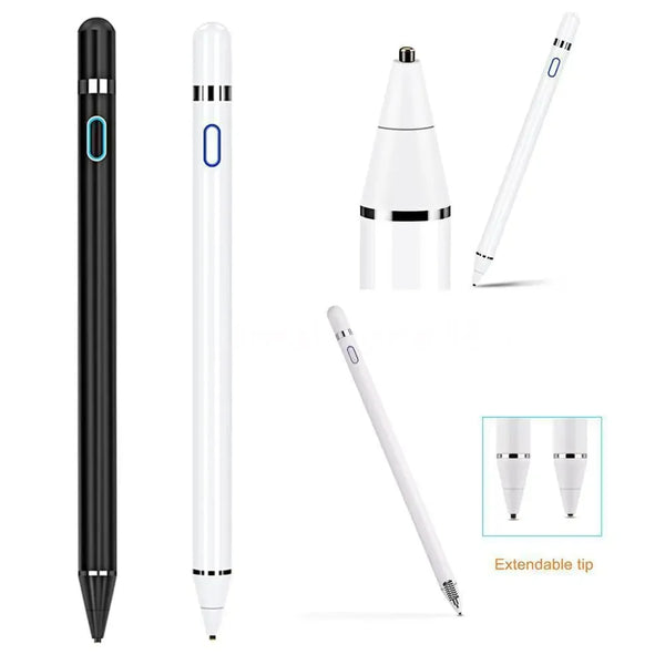 A set of black and white universal active stylus pens shown in various forms, including a standard pen and an extendable tip.