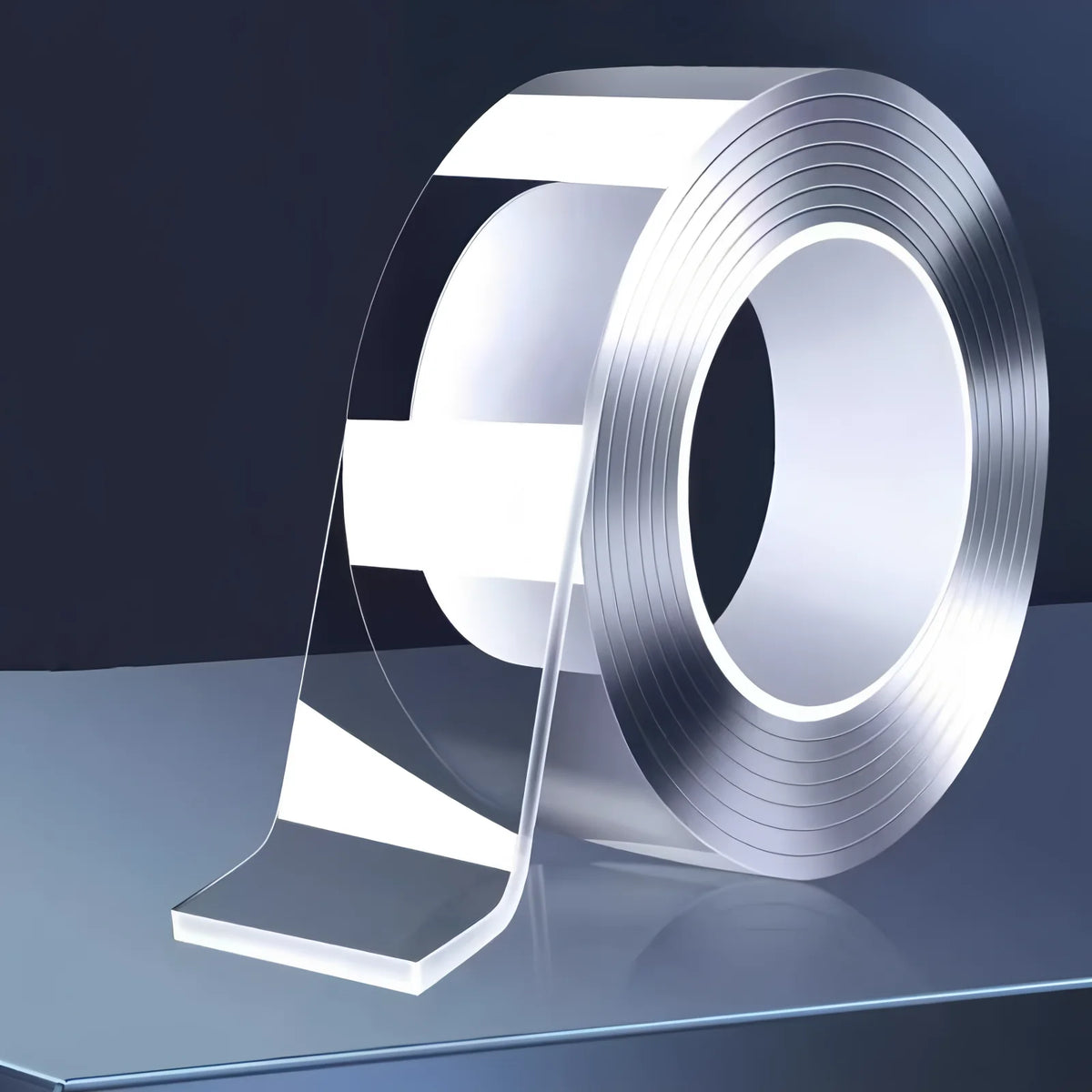 A roll of clear double-sided adhesive tape is shown on a glass surface.