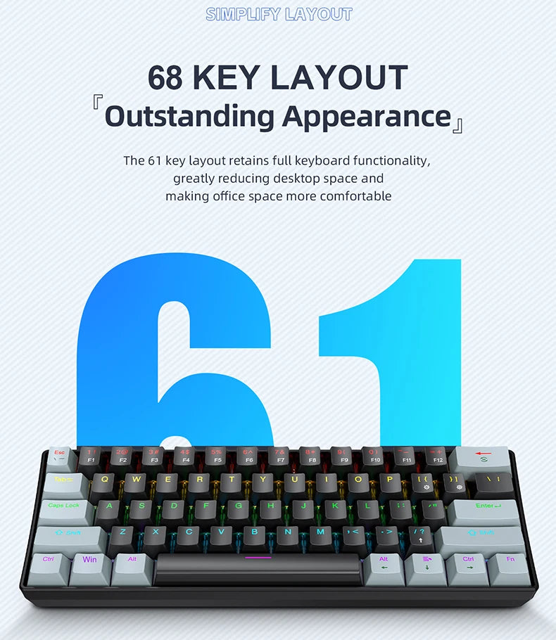A close-up view of a blue 61-key layout mechanical keyboard with a black case and various key switches.