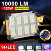A portable solar and USB LED work floodlight with 144 LEDs is shown in various configurations.