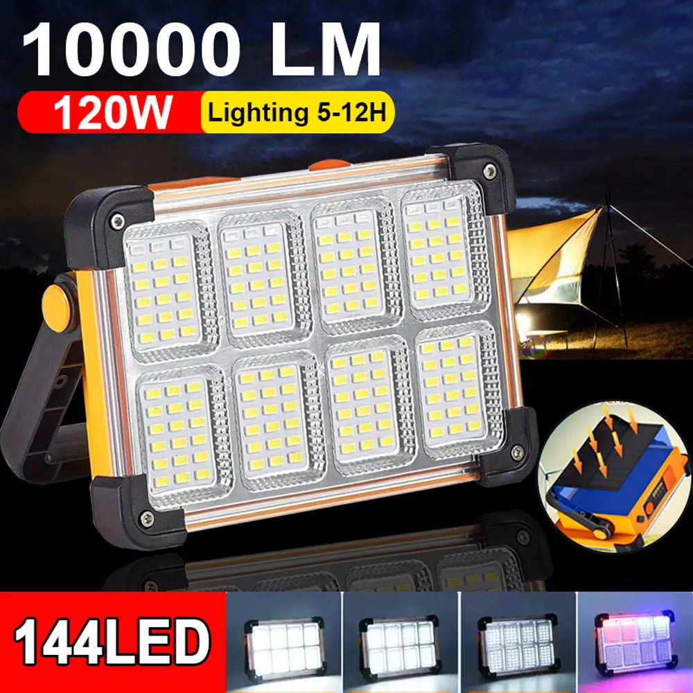 A portable solar and USB LED work floodlight with 144 LEDs is shown in various configurations.