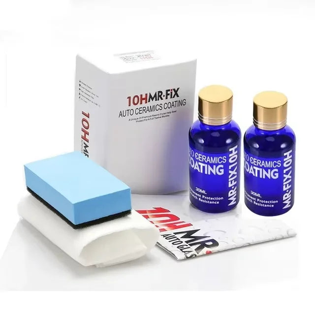 A bottle of MR-FIX Auto Ceramics Coating and a white applicator pad are shown next to its packaging.