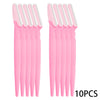 A set of ten pink precision eyebrow razors for facial grooming and dermaplaning.