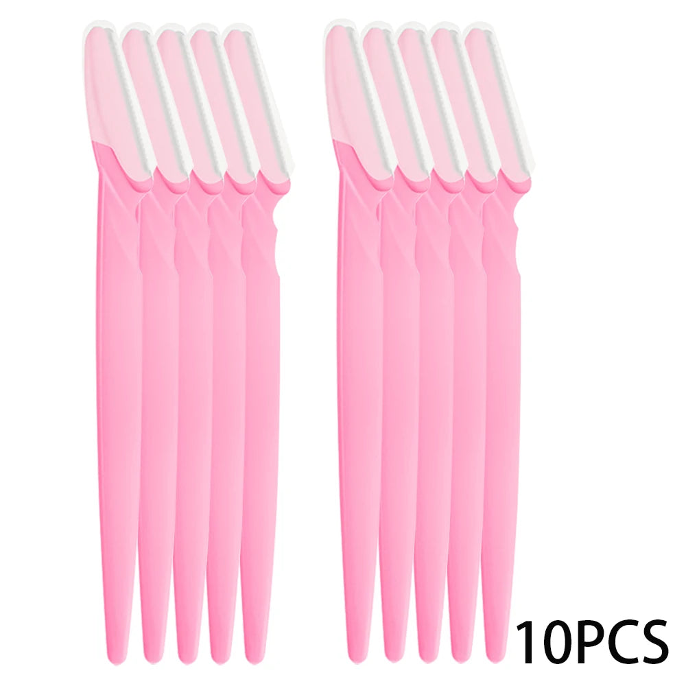 A set of ten pink precision eyebrow razors for facial grooming and dermaplaning.