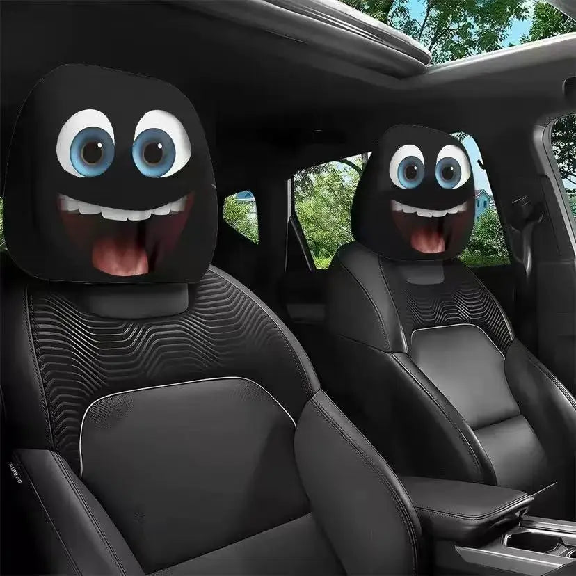 A pair of horror-themed car headrest covers featuring creepy face designs installed in a vehicle seat.