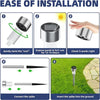 Five steps demonstrating the installation of solar-powered garden path lights, including twisting a component and inserting a