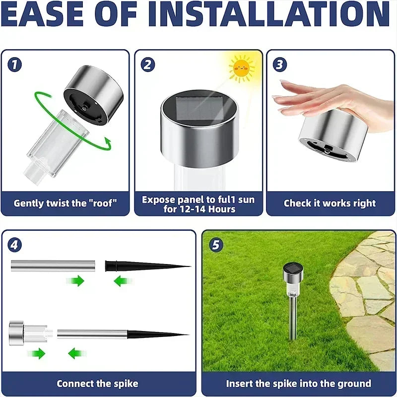 Five steps demonstrating the installation of solar-powered garden path lights, including twisting a component and inserting a