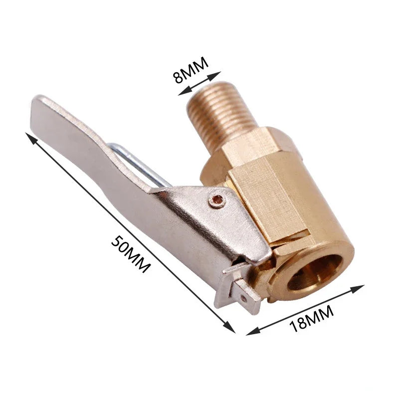 Brass tire inflator chuck with clip-on valve connector showing various dimensions.