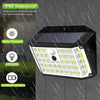 A black solar-powered security wall light with a grid of yellow LED lights is shown in a rainy outdoor context.