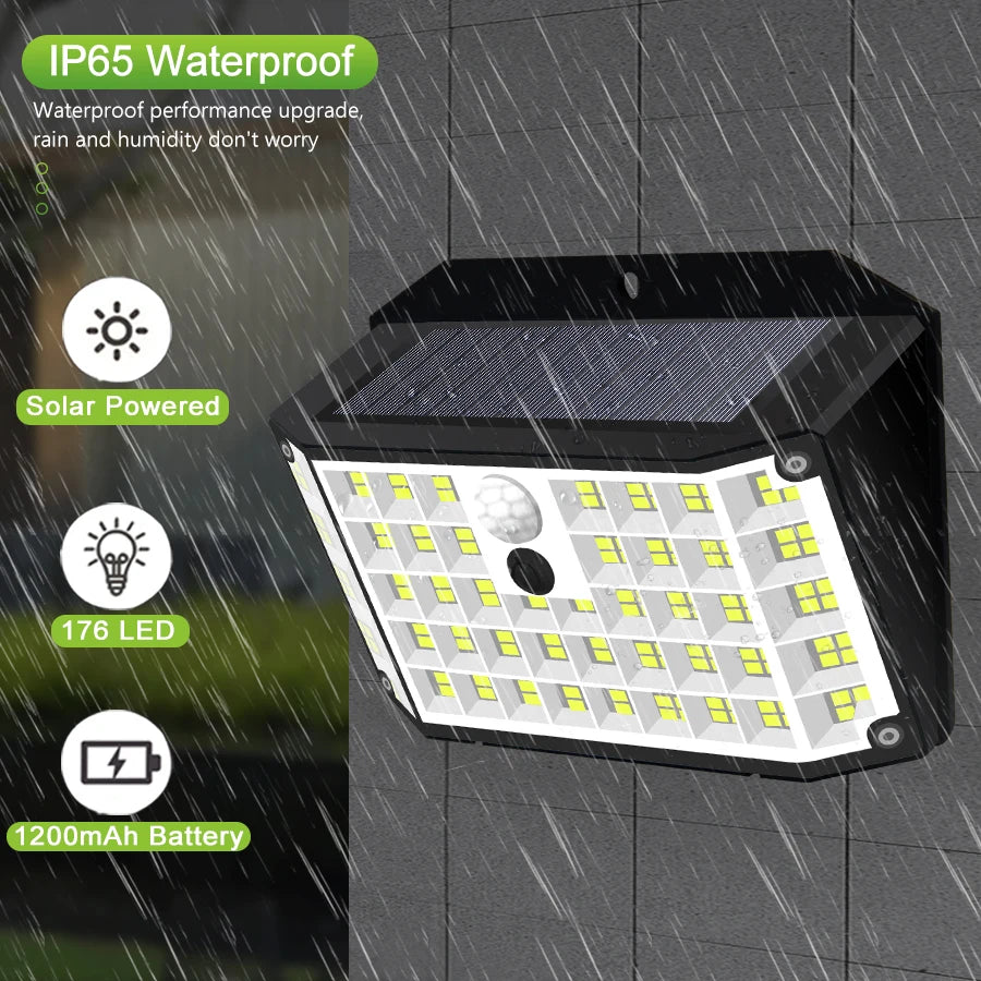 A black solar-powered security wall light with a grid of yellow LED lights is shown in a rainy outdoor context.