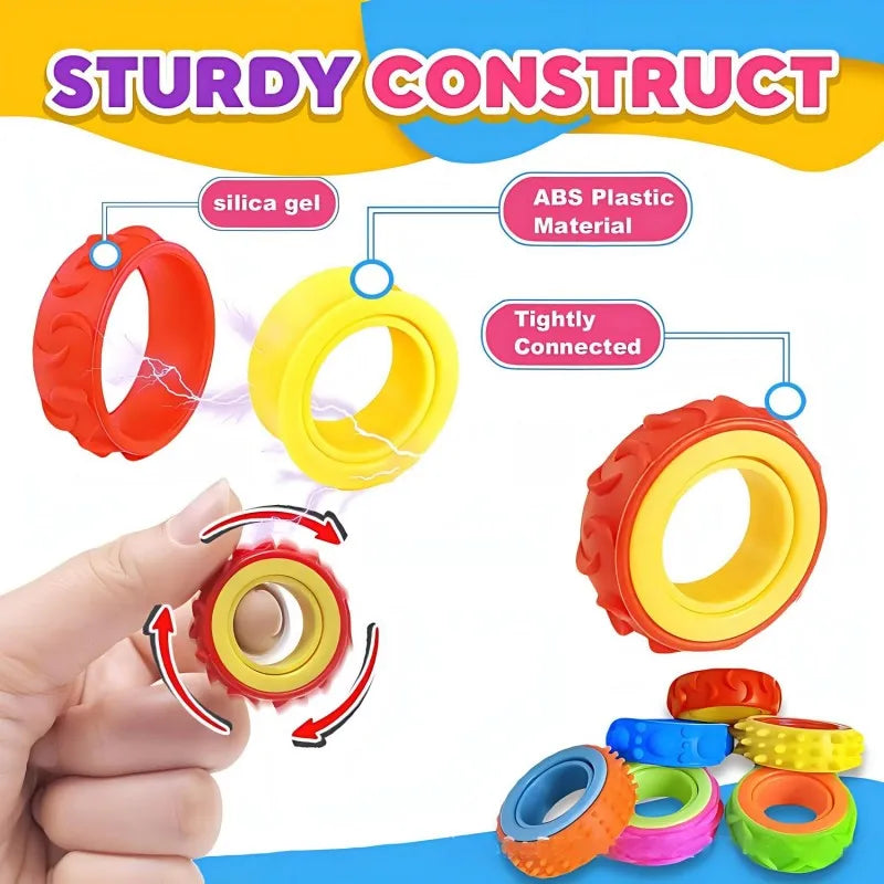 A hand holds and manipulates various colorful silicone fidget rings made from ABS plastic material.