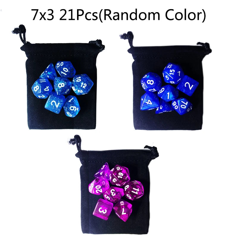 A set of seven 21-sided polyhedral dice in random colors stored in a black fabric pouch.