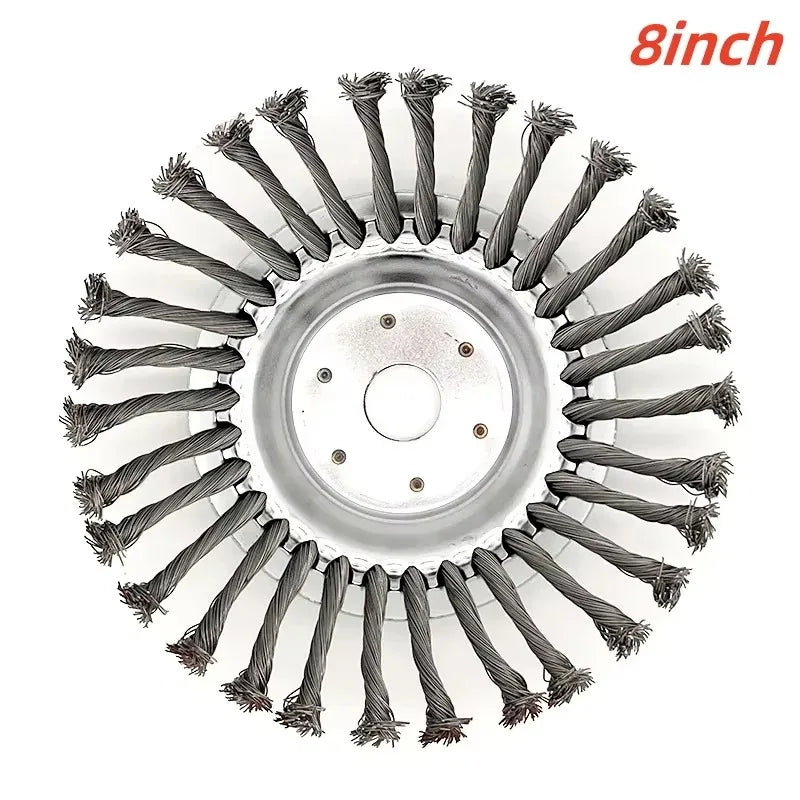 8 inch heavy-duty steel wire wheel brush with numerous bristles for lawn mowers and trimmers