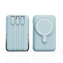 A light blue magnetic wireless power bank with multiple charging ports shown from the front.