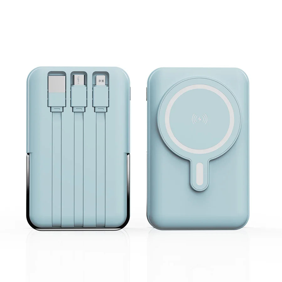A light blue magnetic wireless power bank with multiple charging ports shown from the front.
