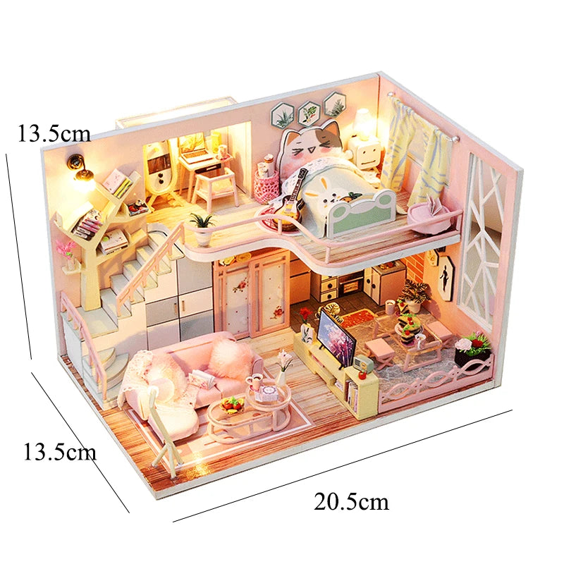 A miniature 3D wooden dollhouse building kit featuring furniture and interior decor.