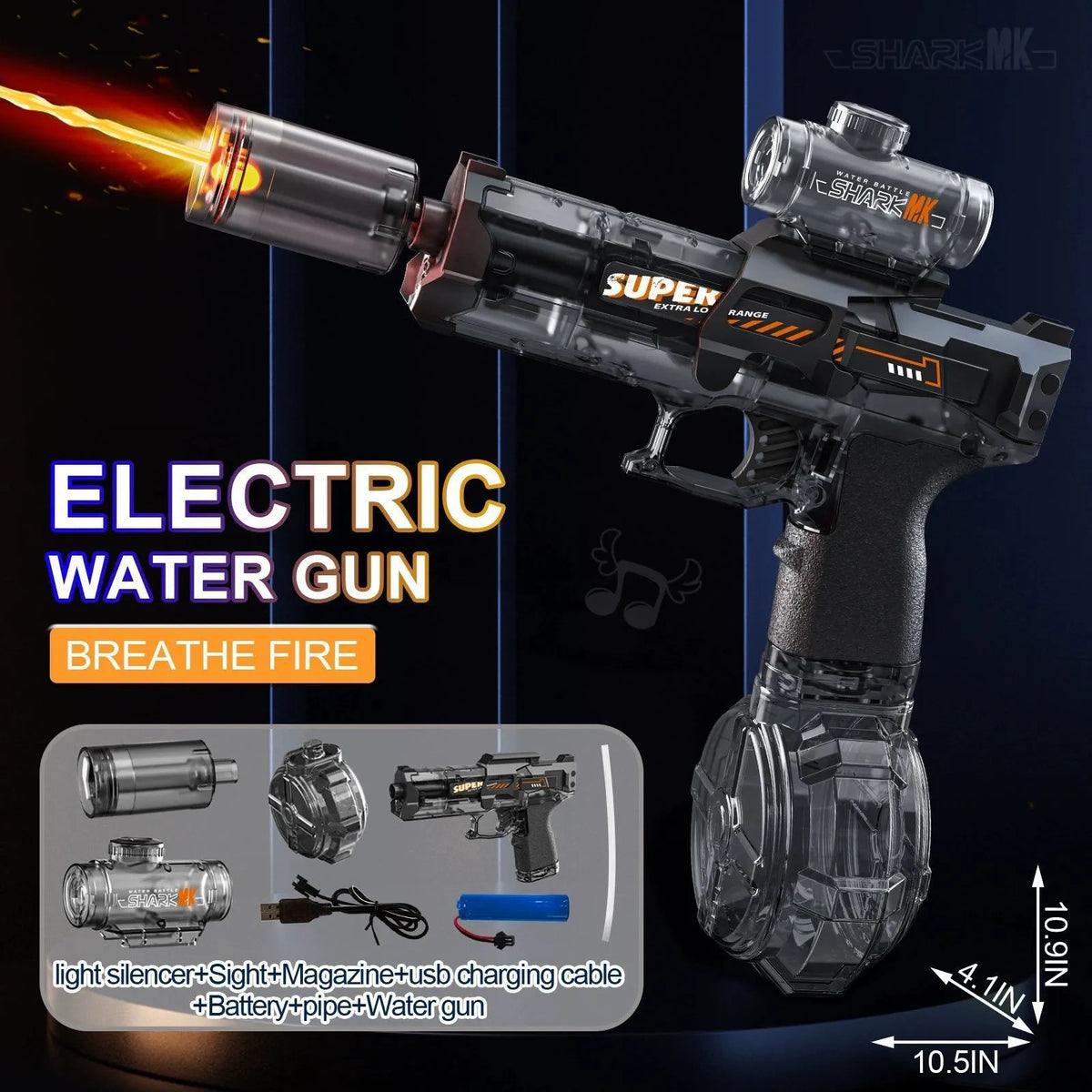 Schwarze elektrische Wasserpistole mit Flammen-Effekt, Zubehör und Ladekabel.