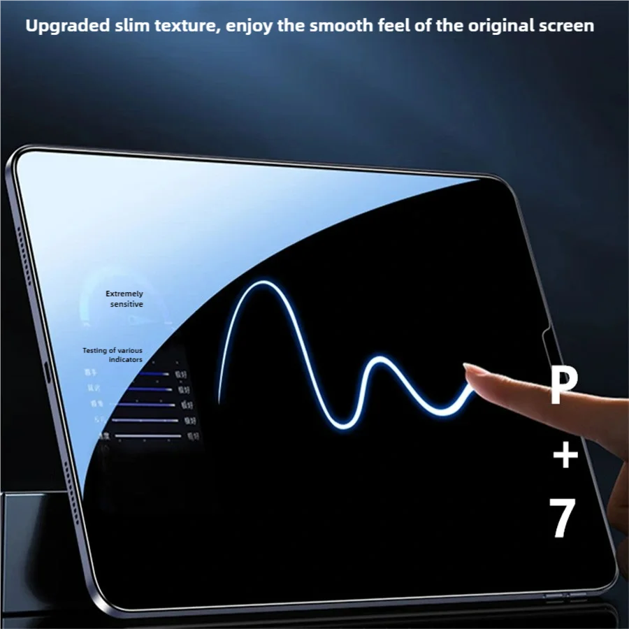 A hand touches a smartphone screen displaying a smooth, wavy blue line graph on a dark background.