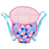 Pink doll carrier backpack with adjustable blue straps and a colorful heart-shaped insert