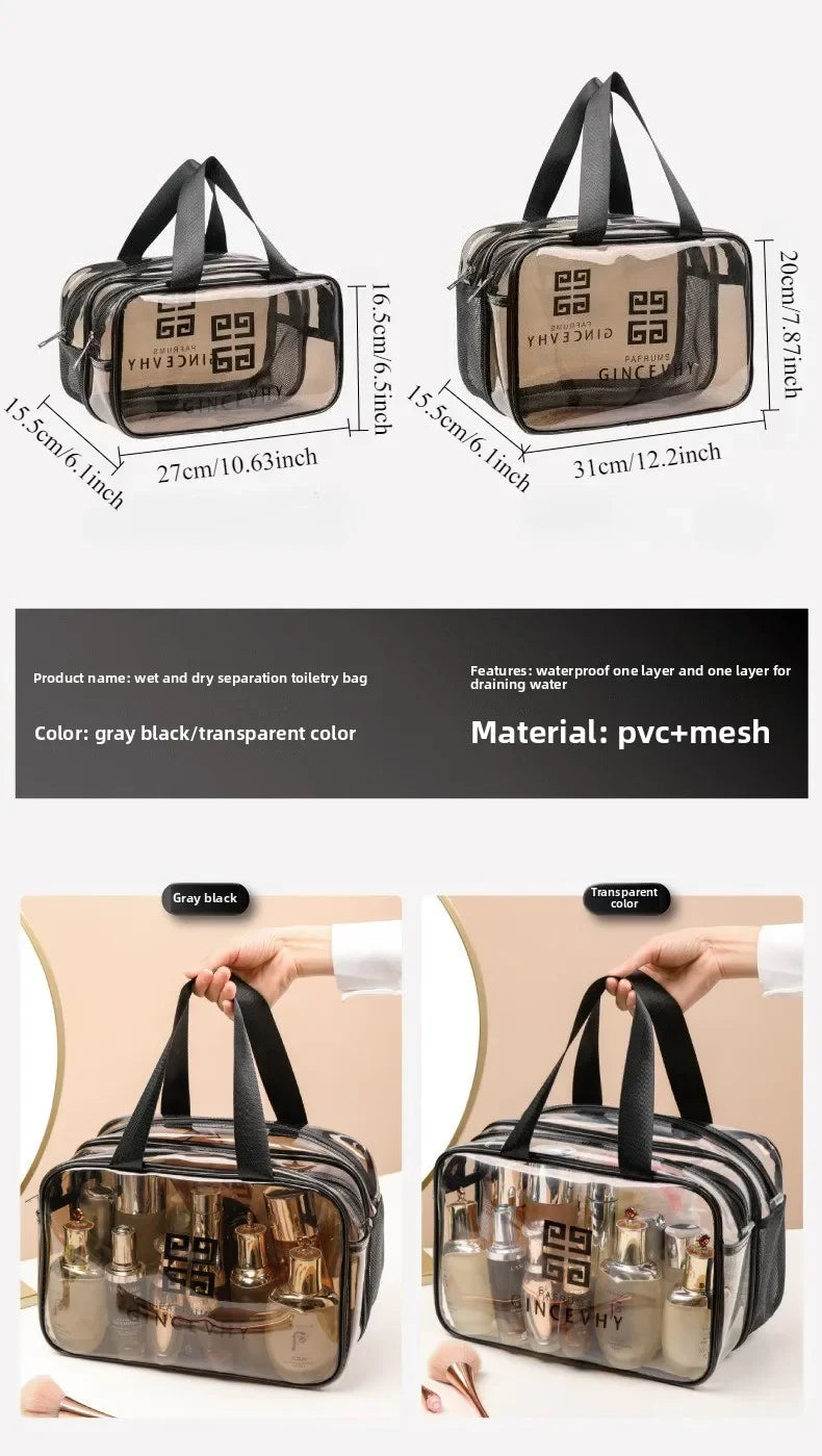 A transparent PVC mesh toiletry bag with a gray exterior and black straps, designed for wet and dry separation.